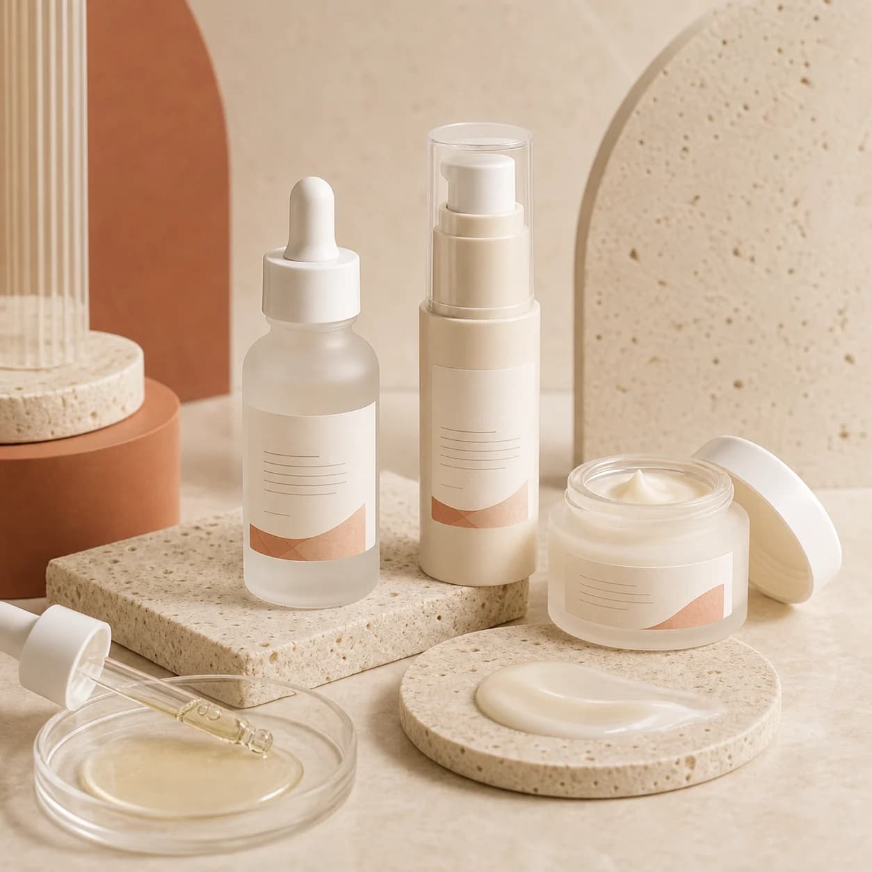 Serum facial de marca propia con gotero, airless y formula skincare